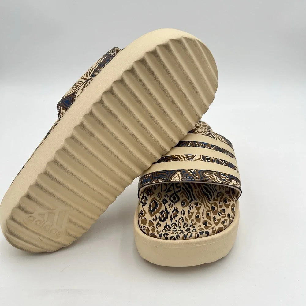 adidas Women's Leopard Print Platform Slides Animal Print 3 Stripe Sandals